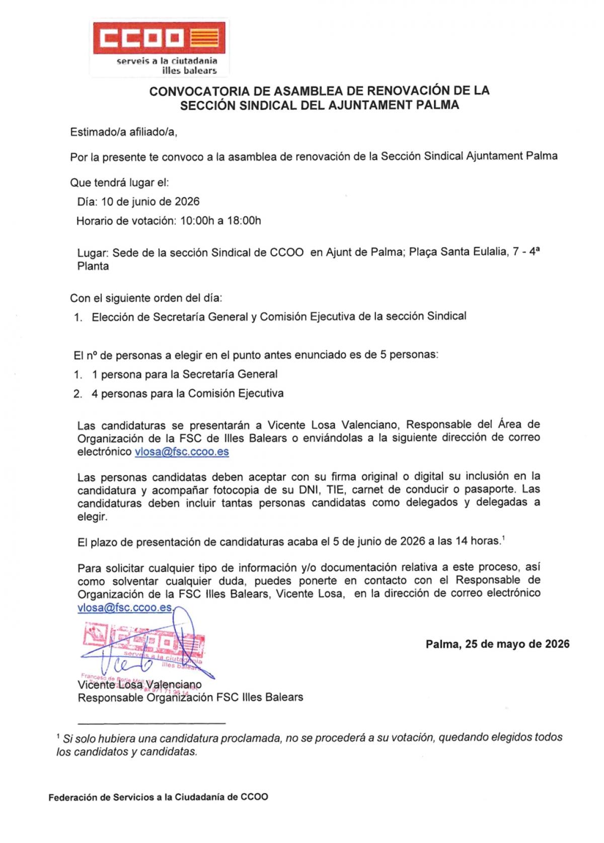 Convocatoria asamblea de renovación de sección sindical